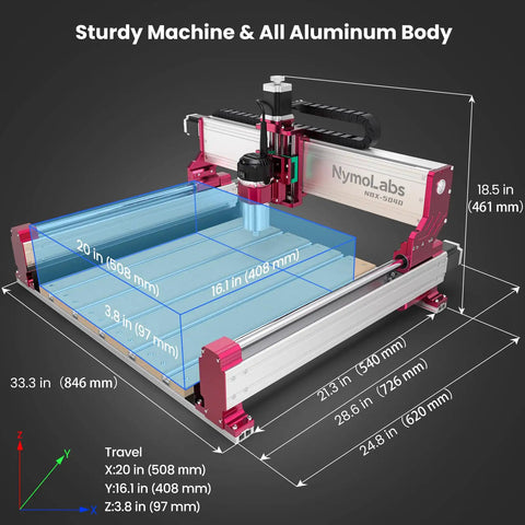 NBX-5040 CNC Router With 710W Beefy Trim Spindle, showing dimensions and aluminum frame with linear rails