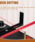 Heat Cutting Ribbon Cutter Machine With Fan sealing red ribbon, close-up of cutting edge, adjustable temperature dial.
