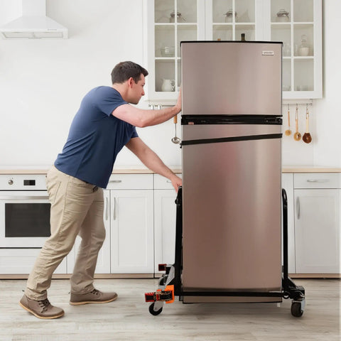 Man using Anderson Dolly Adjustable Heavy Duty Moving System, 1600 Lb Capacity, to move a refrigerator in a kitchen.