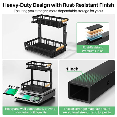 Heavy Duty Under Sink Organizer With Smooth Metal Slide Out Drawers That Are A Total Knockout For Taming Messy Cabinets And Handling The Heavy Lifting Around The House In Black Two Pack, showcasing rust-resistant finish and sturdy design.