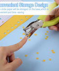 Using 16 Pack Handheld Hole Punchers With Soft Grip 1 Quarter Inch Circle Punch For Craft Paper on blue surface, showing storage design.