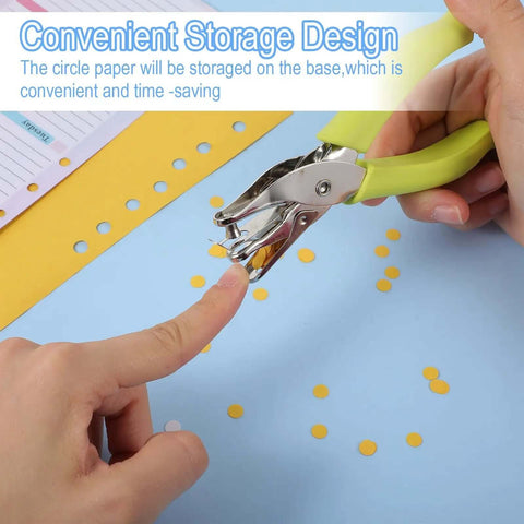 Using 16 Pack Handheld Hole Punchers With Soft Grip 1 Quarter Inch Circle Punch For Craft Paper on blue surface, showing storage design.