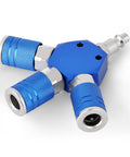3 Way 1/4 Inch NPT Air Compressor Manifold With Quick Connect Fittings Pro Grade Aluminum Splitter Kit, angled view