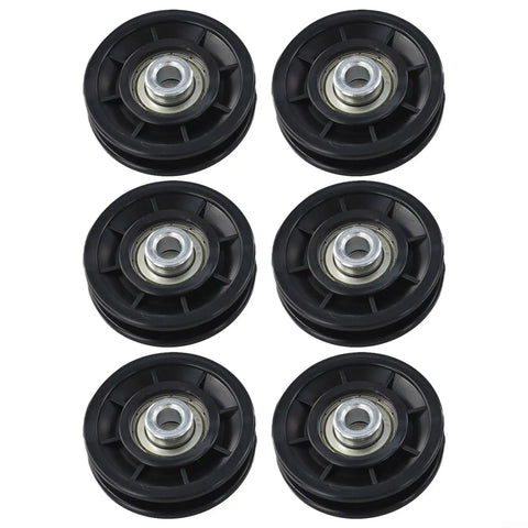Six Piece Pulley Wheel Set For Home Gym And Cable Machines With Smooth Nylon Rollers And Steel Bearings In 70mm And 90mm Sizes, Quiet Durable Gear For Strength Training And Fitness Upgrades. Six black pulley wheels with steel bearings