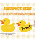 Yellow Rubber Duck Name Tag Stickers 120 Pcs Set For Classroom Decor, showing size 9.1cm with a hand writing on a duck sticker