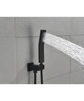 Shower System Combo with Hand Shower, 16-inch and tub spout, featuring a sleek black hand shower with water spray.