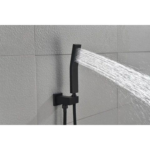 Shower System Combo with Hand Shower, 16-inch and tub spout, featuring a sleek black hand shower with water spray.