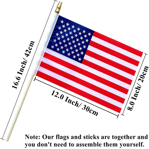 12 Pack 8x12 Inch American Flags On Sticks With Wooden Poles And Golden Spear Tops For Outdoor Use Memorial Day Fourth Of July Decor Perfect For Parades And Flag Waving, displaying one flag with measurements shown.