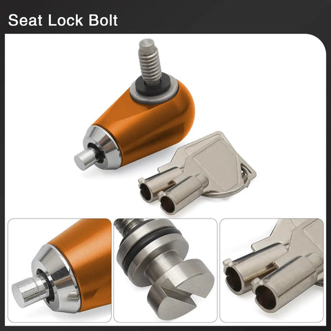 Seat Lock Anti Theft Bolt With 1/4-20 Thread For Touring Sportster Softail Dyna Road King Street Glide Electra Glide And More Motorcycles Stainless Steel Screw Aluminum Cover Easy Install, showing orange aluminum cover and keys.