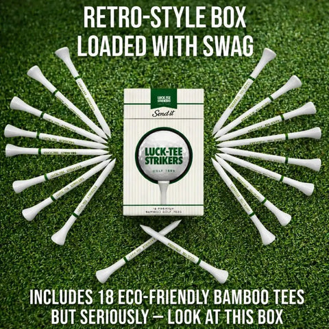 Flip Top Golf Tee Holder With Vintage Pocket Case And 18 Bamboo Tees Retro Style Golf Accessory on grass background