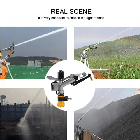 360 Degree Auto Rotating Irrigation Sprayer For Lawn And Garden, 1 Inch FNPT, long-range coverage in action on various landscapes.