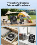 Portable Desk Fan With 4000mAh Battery, USB Rechargeable Cordless Personal Cooling on table, camping scene, black model