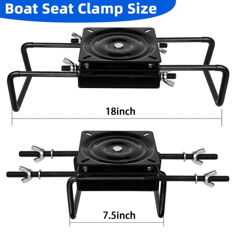 Clamp On Boat Seat Pedestal Mount With 360 Degree Swivel For Jon Boats Kayaks And Fishing Boats With Benches And Bass Skiffs Adjustable From Seven And A Half Inches To Eighteen Inches Powder Coated Galvanized Steel, showing size adjustment from 7.5 to 18 inches