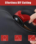 Katerk Cordless Electric Cardboard Cutter 4.4V High Torque Scissors cutting black material in curved shapes.