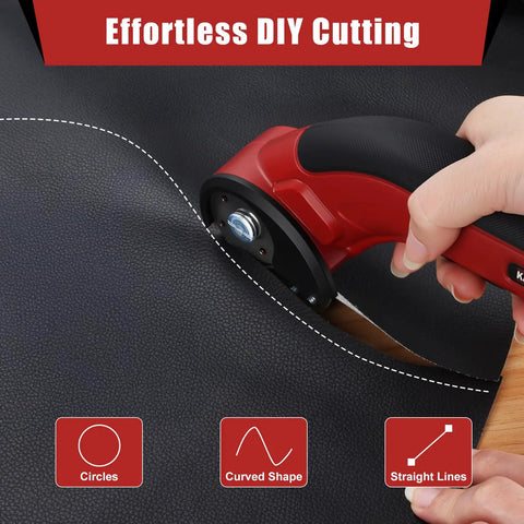 Katerk Cordless Electric Cardboard Cutter 4.4V High Torque Scissors cutting black material in curved shapes.