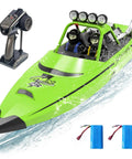 Beast High Speed RC Jet Boat with Auto Flip and Dual Batteries shown speeding on water, includes remote control and twin battery packs.