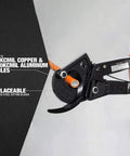 Heavy Duty Ratchet Cable Wire Cutter For Slick One Hand Operation With High Voltage Insulated Handles And Quick Release Lever To Cut Copper Or Aluminum Without Any Hassle, cutting 750kcmil copper and 1000kcmil aluminum.