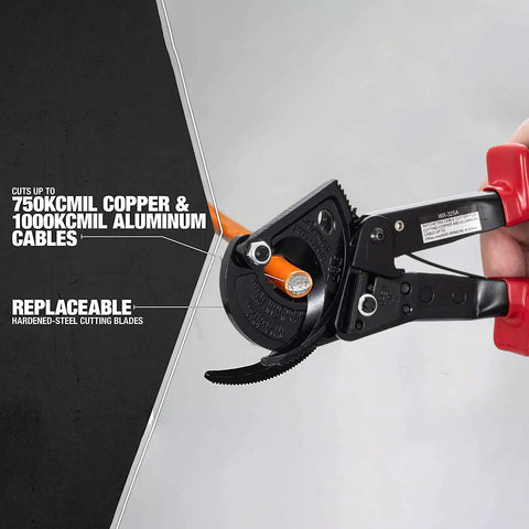 Heavy Duty Ratchet Cable Wire Cutter For Slick One Hand Operation With High Voltage Insulated Handles And Quick Release Lever To Cut Copper Or Aluminum Without Any Hassle, cutting 750kcmil copper and 1000kcmil aluminum.