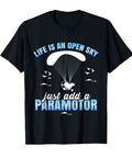 Black tee with paragliding print, Powered Paramotoring Tee For Paragliding Pilots And Paramotor Lovers, classic fit, lightweight fabric