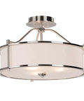 Three Light Brushed Nickel Semi Flush Ceiling Light With Fabric Shade And Glass Diffuser, 18 Inch Drum Style Close To Ceiling
