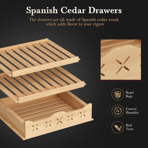 Spanish cedar wood drawers for 65L Electric Cigar Humidor With Big 500 Count Capacity, enhancing flavor and moisture control.