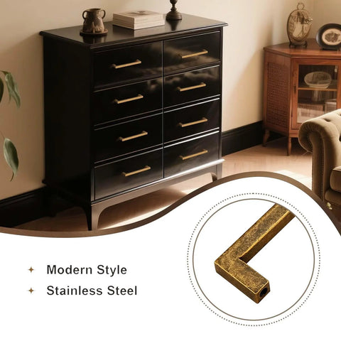 10 Pack Antique Brass Cabinet Pulls Square Design With Five Inch Center installed on black dresser in living room