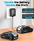 Dual 21V 2Ah batteries and charger on a table, highlighting quick charge and extended runtime for Cordless Jigsaw With Dual 21V 2Ah Batteries And Charger