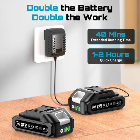 Dual 21V 2Ah batteries and charger on a table, highlighting quick charge and extended runtime for Cordless Jigsaw With Dual 21V 2Ah Batteries And Charger