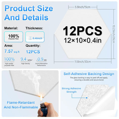 Flex Ready Hexagon Acoustic Panels 12 Pack Self Adhesive Sound Deadening Foam Wall Tiles flame resistant size info and details