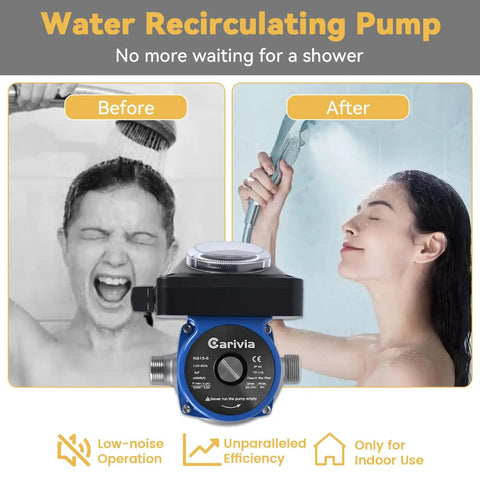 Hot Water Recirculating Pump Kit with Timer for Tank Water Heaters, 110V Electric Circulator revamps your plumbing game, showing before and after shower experience.