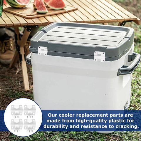 Cooler with 4 Pack Cooler Hinges Replacement Kit With Storage Box For Ice Chest And Camping Coolers Beefed Up Durable Plastic Hinges visible