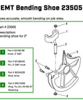EMT Bending Shoe 23505 with parts diagram for 2 inch EMT, includes hook, pin, stud, and retaining ring.