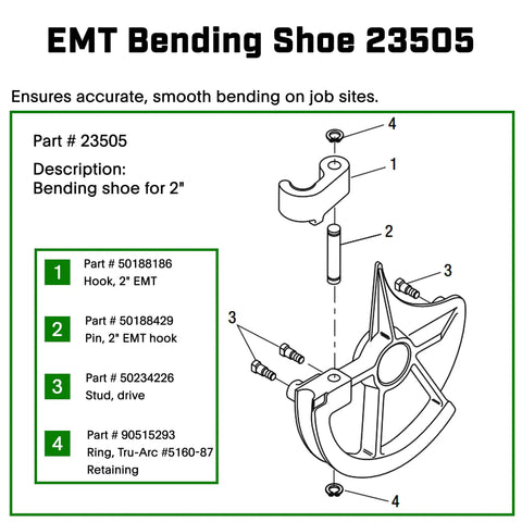EMT Bending Shoe 23505 with parts diagram for 2 inch EMT, includes hook, pin, stud, and retaining ring.