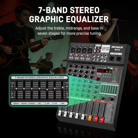 7-band stereo graphic equalizer on 6 Channel Professional Audio Mixer With 320 DSP Effects And 7 Band EQ USB And Bluetooth Connectivity 48V Power Supply PAD Button For Recording Karaoke And Live Sound Console For DJs And Musicians