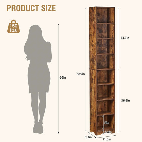 Dimensions of Tall 71 Inch Rustic Wood Bookshelf With 6 Adjustable Shelves And Elevated Dust And Moisture Proof Base, side view, brown.