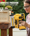 Cordless Brad Nailer And Stapler Combo, Heavy Duty Workhorse 2In1 18Ga Nail Gun, user assembling wooden frame outdoors.