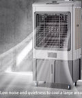 Portable Evaporative Swamp Cooler With Four Ice Cold Packs Three Whisper Quiet Fan Speeds And Sturdy Smooth Rollers for cooling large areas.