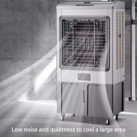 Portable Evaporative Swamp Cooler With Four Ice Cold Packs Three Whisper Quiet Fan Speeds And Sturdy Smooth Rollers for cooling large areas.