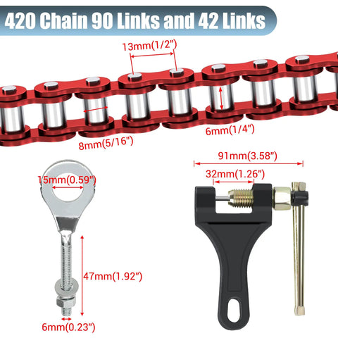 Mini Bike Chain 420 90 Links Replacement With 15mm Chain Adjuster