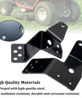 Two Pack Lawn Mower Deck Gauge Wheel Bracket Kit For 42 Inch Deck, Includes Two Brackets, Six Screws, Six Nuts, Replacement For 532181040 525509501, Durable PP, Antifriction, High Temp Resistance, Easy Install. Close-up of steel bracket with mounting holes and lawn mower in background.
