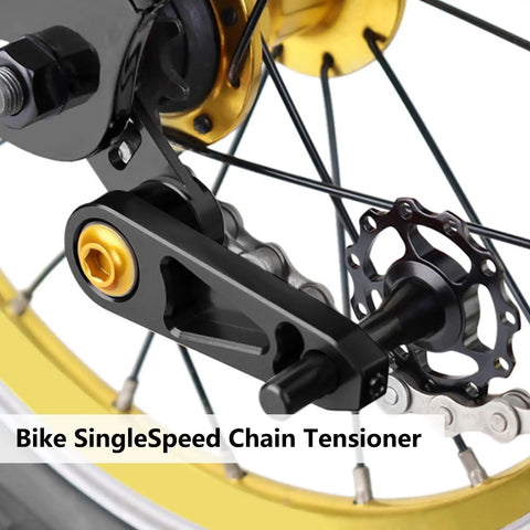 Lightweight Aluminum Alloy Single Speed Chain Tensioner For Bikes Durable CNC Machined Chain Stabilizer Tool To Prevent Chain Drop During Rides Black Finish shown installed on bike wheel.