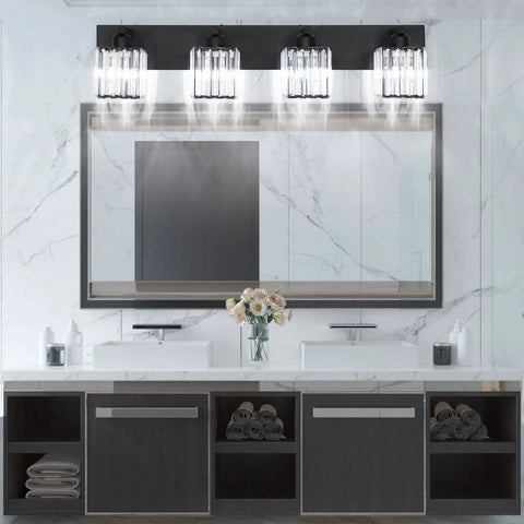 Black Bathroom Vanity Light Fixture With Crystal Accents above a modern dual sink bathroom vanity with a large mirror.