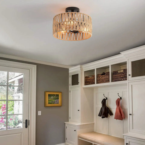Three Light Rustic Woven Flush Mount Ceiling Fixture With Industrial Metal Finish in hallway with farmhouse vibe