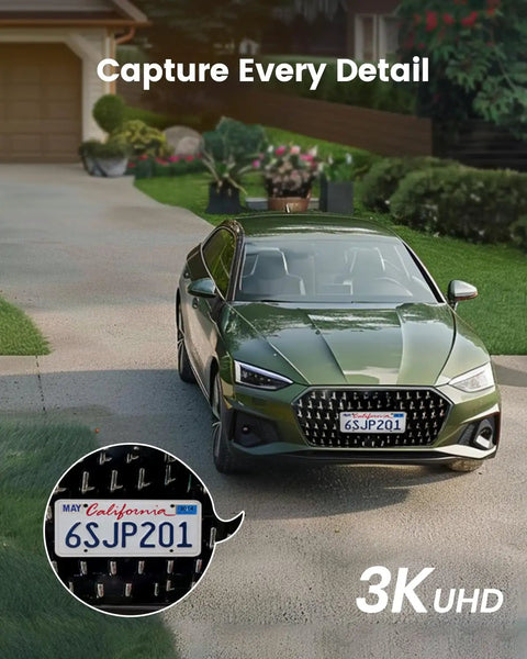 Green car with license plate in driveway, showcasing 3K UHD security camera capture of vehicle details