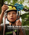 Child securing a Beefy Built Tough Zip Line Pulley Tandem Speed Double Pulley 30KN 6700LBS Breaking Strength on a zip line cable