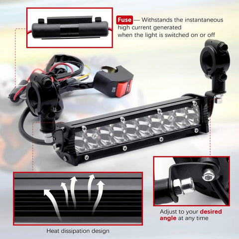 Beefed Up Dirt Bike Light Bar 60W 2500LM Plug N Play Front Headlight Kit with heat dissipation and angle adjustment features
