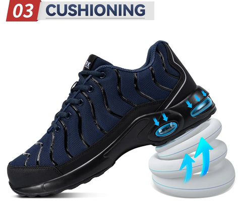 Men's Steel Toe Work Sneakers Lightweight Puncture Resistant Safety Shoes Breathable Slip Resistant All Day Comfort For Job Site Navy Blue Size 10 Durable with cushioning feature.