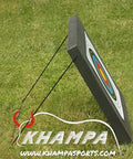 Backyard Archery Target For Practice 2x2 Foot Foam Backstop shown at an angle on grass, with stabilizing stakes visible