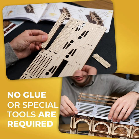 Platform Nine Three Quarters 3D Puzzle Wooden Model Kit Mechanical Harry Potter Scene With Two Figurines Kings Cross Station Brickwork Two Sided Display Includes Track Section Compatible With Hogwarts Express, wooden parts being assembled