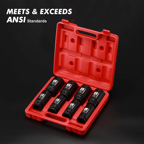 Eight Piece Deep Impact Socket Set With Three Quarter Inch Drive SAE From One Inch To One And A Half Inch Six Point Heavy Duty Chrome Molybdenum Steel With Black Oxide Finish Built For Tough Auto And Machinery Bolt Jobs in red case